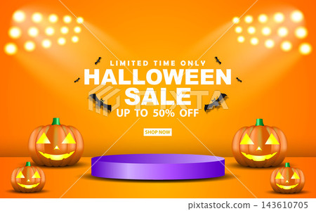 Halloween banner template with pumpkin and minimalist podium base for product display and Halloween Elements Halloween banner template with pumpkin and minimalist podium base for product display and Halloween Elements 143610705