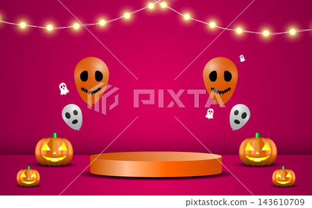 Halloween sale banner template featuring spooky background and elements with a podium display. Halloween sale banner template featuring spooky background and elements with a podium display. 143610709