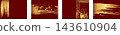 set of New Year and Christmas poster templates featuring abstract gold brushstrokes of various shapes and orientations on a red background 143610904