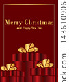 Template for a Christmas or New Year poster featuring gift boxes with gold bows on a red background 143610906