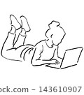 Line art icon of a young woman working on a laptop while lying down, enjoying remote work 143610907