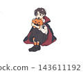A girl dressed as Halloween Dracula and a jack-o'-lantern 143611192