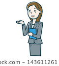 An illustration of a woman in a suit explaining something with her palms facing upwards. 143611261