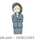 An illustration of a woman in a suit with her arms crossed, deep in thought. 143611263