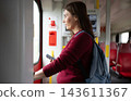 Woman Stands By Door In Train Gazing Out Window Waiting For Stop 143611367