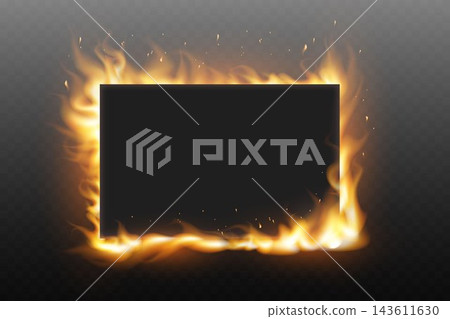 Black rectangular frame surrounded by bright orange flames and glowing sparks on transparent background Black rectangular frame surrounded by bright orange flames and glowing sparks on transparent background 143611630