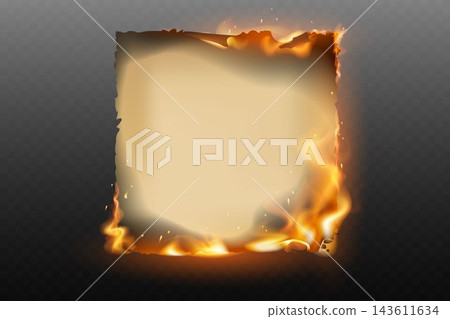 Old paper sheet burning, creating a fiery frame with blank copy space Old paper sheet burning, creating a fiery frame with blank copy space 143611634