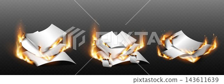 Burning white paper sheets represent data destruction, crisis, or urgent document disposal Burning white paper sheets represent data destruction, crisis, or urgent document disposal 143611639
