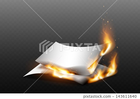 Papers burning with fiery flames, symbolizing data destruction and information loss 143611640