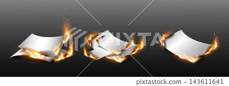 Paper sheets burning with fire and smoke on a transparent background Paper sheets burning with fire and smoke on a transparent background 143611641