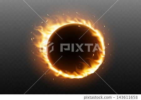 Dark sphere surrounded by a ring of glowing orange and yellow flames with flying sparks Dark sphere surrounded by a ring of glowing orange and yellow flames with flying sparks 143611658
