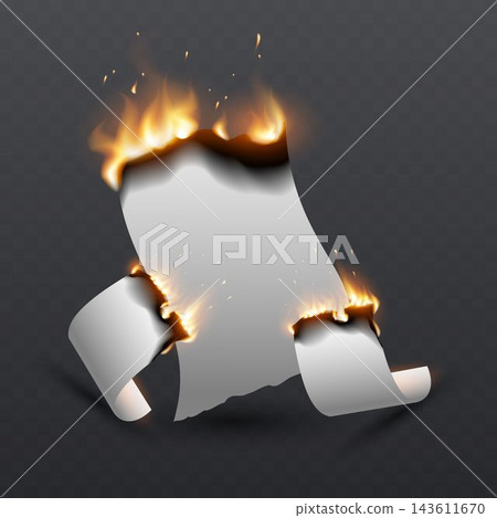 White paper sheet burning with active flames and curling edges on dark background White paper sheet burning with active flames and curling edges on dark background 143611670