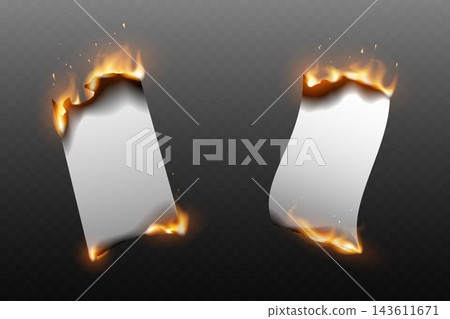 Two pieces of white paper burning with orange flames and sparks on a transparent background Two pieces of white paper burning with orange flames and sparks on a transparent background 143611671