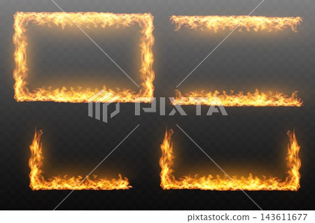 Fiery borders creating abstract shapes and rectangular frame on a dark transparent background Fiery borders creating abstract shapes and rectangular frame on a dark transparent background 143611677