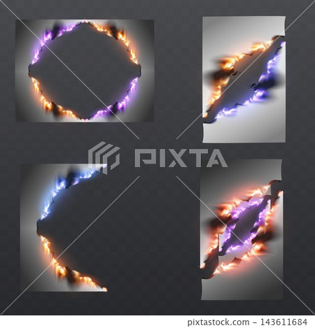 Transparent design elements showing torn paper edges burning with vibrant orange, purple, and blue flames Transparent design elements showing torn paper edges burning with vibrant orange, purple, and blue flames 143611684