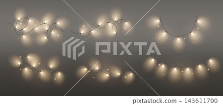 Holiday string lights set with glowing bulbs decorative garland and fairy bokeh sparkles Holiday string lights set with glowing bulbs decorative garland and fairy bokeh sparkles 143611700