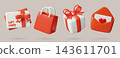 Gift shopping 3D icons set including gift card paper bag present with red bow and heart envelope 143611701