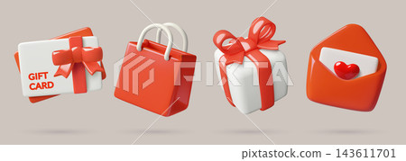 Gift shopping 3D icons set including gift card paper bag present with red bow and heart envelope Gift shopping 3D icons set including gift card paper bag present with red bow and heart envelope 143611701
