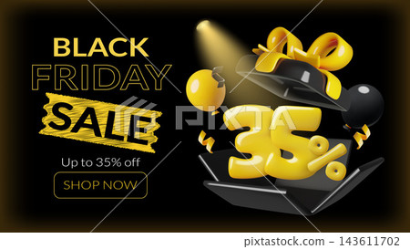 Black Friday sale banner with 35 3D number in gift box on dark background with and bold typography Black Friday sale banner with 35 3D number in gift box on dark background with and bold typography 143611702