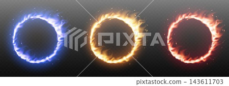 Energy rings glowing with blue, orange, and red fire and sparks on transparent background 143611703