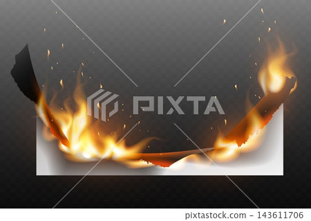 White paper sheet burning along edges with real orange flames and glowing embers White paper sheet burning along edges with real orange flames and glowing embers 143611706
