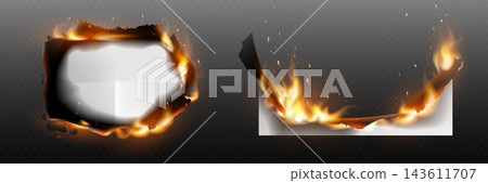 Burning paper sheets with real fire and charred edges on a transparent background Burning paper sheets with real fire and charred edges on a transparent background 143611707