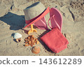 Accessories for relax on sand. Straw hat, slippers and towel. Summer time on beach 143612289