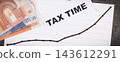 Rising graph showing tax increases and euro banknotes. Calculating and paying tax 143612291