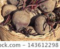 Vegetables in wicker basket on stand at bazaar. Food containing minerals and vitamins 143612298
