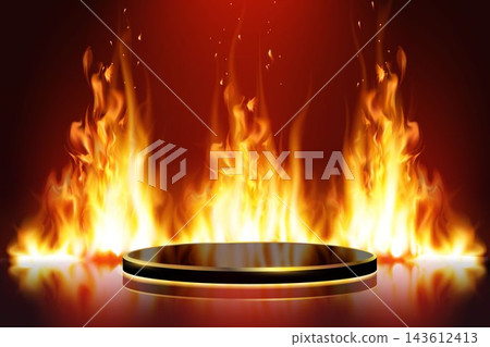 Reflective black podium surrounded by intense flames and sparks on a gradient red background Reflective black podium surrounded by intense flames and sparks on a gradient red background 143612413