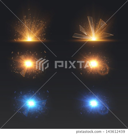 Six dynamic light bursts creating shattering glass and particle effects on a dark background Six dynamic light bursts creating shattering glass and particle effects on a dark background 143612439