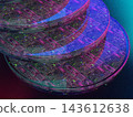 未來科技的3D插圖：霓虹發光的半導體電路和堆疊的微晶片。 143612638