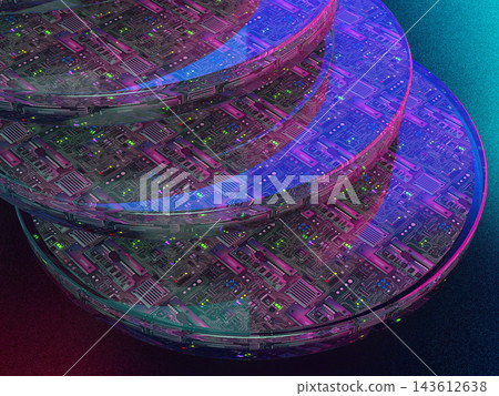 未來科技的3D插圖:霓虹發光的半導體電路和堆疊的微晶片。 未來科技的3D插圖:霓虹發光的半導體電路和堆疊的微晶片。 143612638