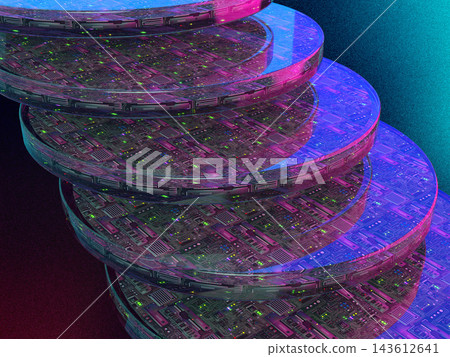 3D illustration of futuristic technology: neon-glowing semiconductor circuits and stacked microchips. 3D illustration of futuristic technology: neon-glowing semiconductor circuits and stacked microchips. 143612641