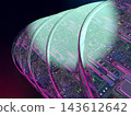 未來科技的3D插圖：霓虹發光的半導體電路和堆疊的微晶片。 143612642