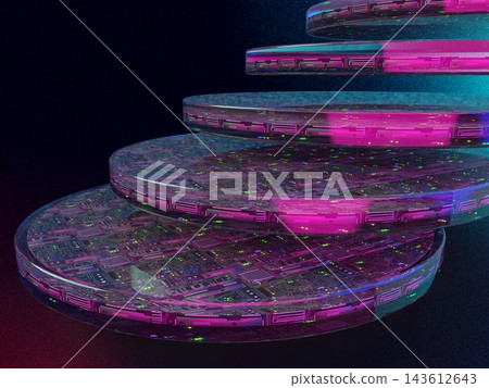 3D illustration of futuristic technology: neon-glowing semiconductor circuits and stacked microchips. 3D illustration of futuristic technology: neon-glowing semiconductor circuits and stacked microchips. 143612643