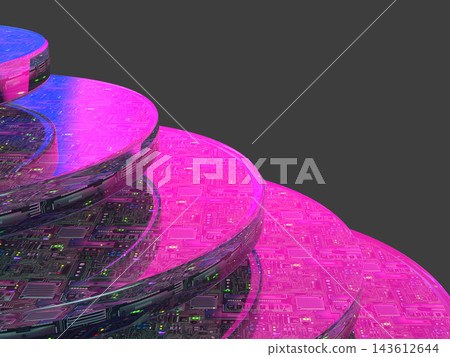 未來科技的3D插圖：霓虹發光的半導體電路和堆疊的微晶片。 143612644