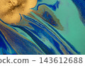 Abstract wave blue and gold marble background. Original Hand-drawn artwork made with ink on paper 143612688