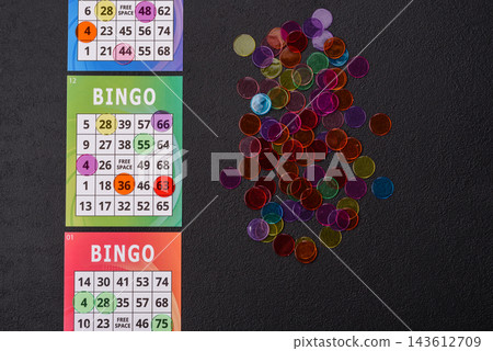 Colorful bingo cards for fun, gaming, and Christmas leisure. Bingo cards Colorful bingo cards for fun, gaming, and Christmas leisure. Bingo cards 143612709