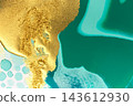 Abstract Original Hand Drawn Green Artwork Liquid Inks Illustration with Gold Glitter and Text Space. 143612930