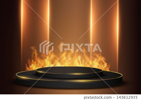 Black circular product stage surrounded by hot fire and glowing vertical lines Black circular product stage surrounded by hot fire and glowing vertical lines 143612935