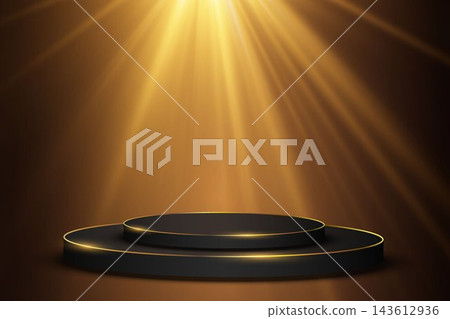 Black two tier podium with gold rim standing on a dark background illuminated by golden light rays Black two tier podium with gold rim standing on a dark background illuminated by golden light rays 143612936