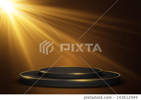 Black two tier display podium standing on dark background with bright golden spotlight and light rays Black two tier display podium standing on dark background with bright golden spotlight and light rays 143612949