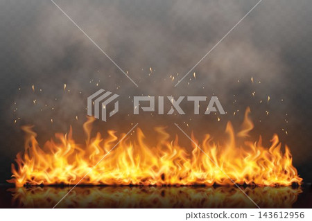 Burning fire flames creating warmth and danger with smoke and sparks 143612956