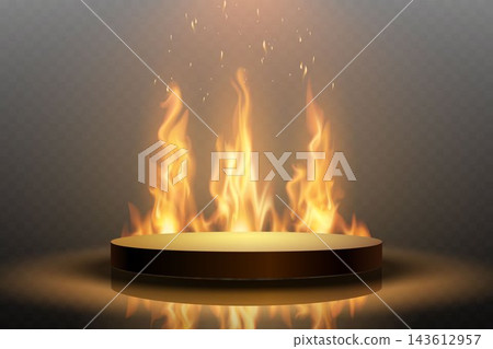 Golden podium platform displaying vibrant fire flames and glowing sparks in a dark setting Golden podium platform displaying vibrant fire flames and glowing sparks in a dark setting 143612957