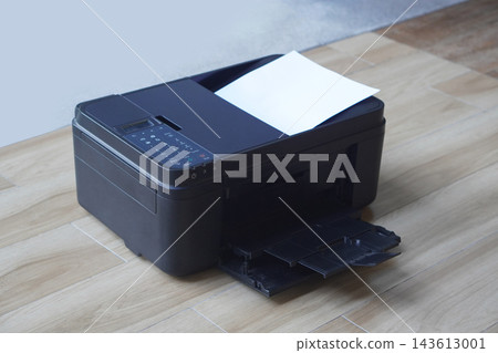 antique digital black printers and white paper on wooden floor, blur white wall background, technology, object, comfortable, work, copy space 143613001