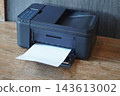 closeup black printers and white paper on wooden floor, wall grey marble background, technology, object, comfortable, work, copy space 143613002