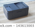 closeup digital black printers on wooden floor, blur marble background, technology, object, comfortable, work, copy space 143613003