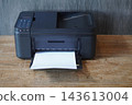 front view and top view old black printers and white paper on wooden background, technology, object, comfortable, work, copy space 143613004