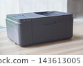 front view antique black printers on wooden floor, blur white wall background, technology, object, comfortable, work, copy space 143613005